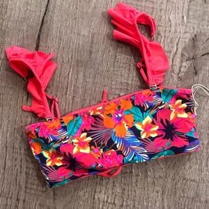 Maaji Red floral Reversible Bandeau With Removable Straps Bikini Top Size Medium
